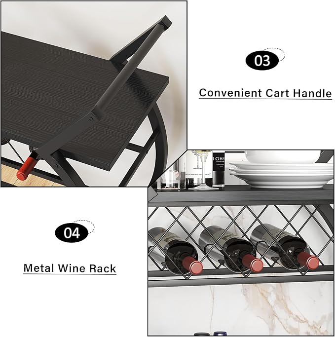 LVB Black Wine Cart with Wheels, Modern Bar Cart with Wine Rack, Industrial - Image 9
