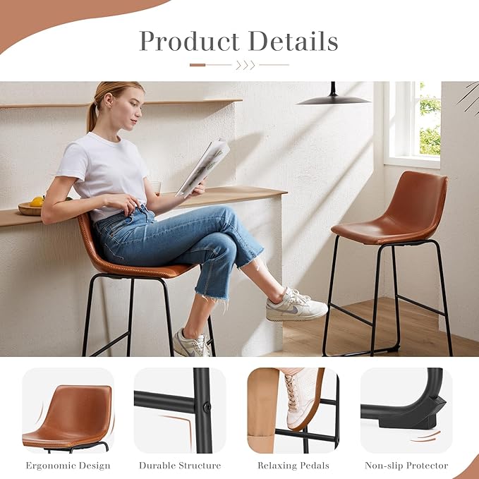 DUMOS 30 Inch Counter Height Bar Stools Set of 2, Modern Faux Leather High - Image 5