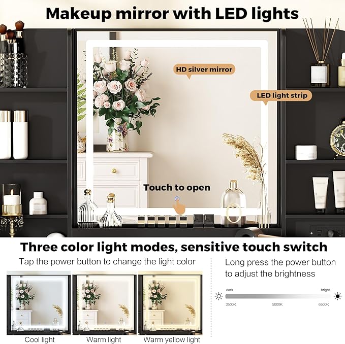 43" Makeup Vanity Desk with Mirror and Lights, & Power Outl, Glass Top Big - Image 5