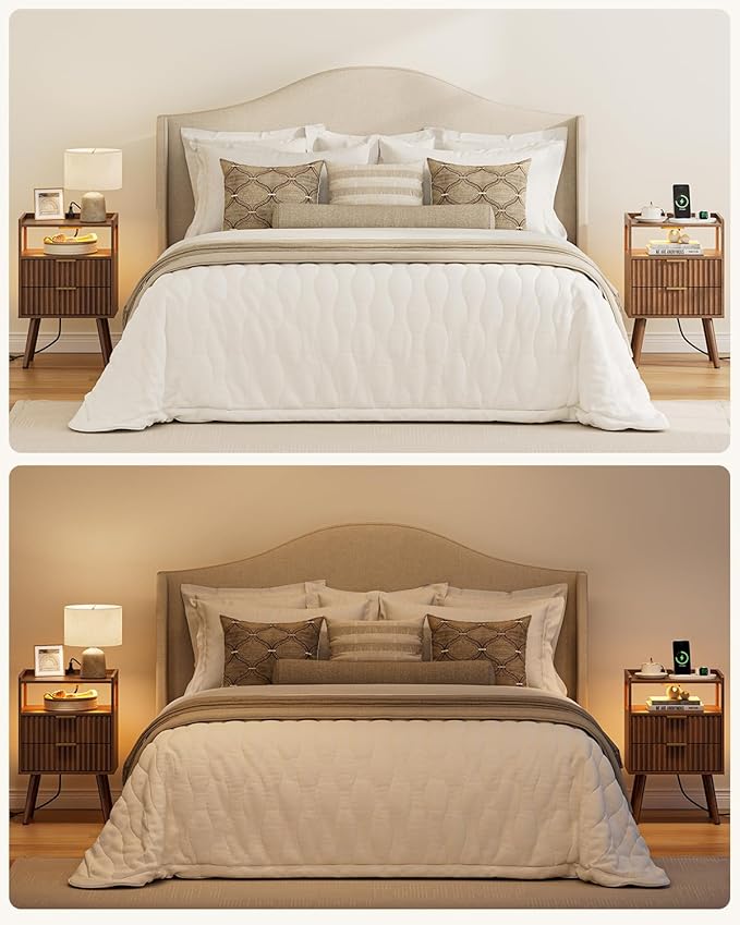 Nightstand with Charging Station and LED Lights, Modern Bedside Table with - Image 9
