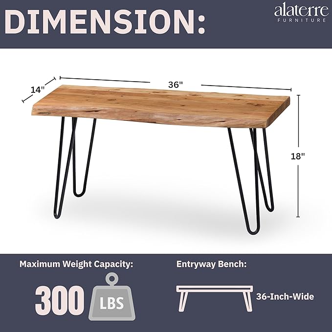 Alaterre Furniture 36-Inch Live Edge Wood Bench – Natural Acacia Wood Top - Image 3