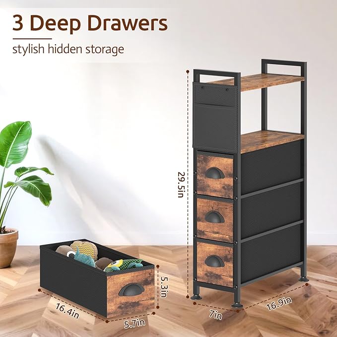 3 Drawer Narrow Dresser Side End Table Small Spaces, Slim Nightstand Bedside - Image 3