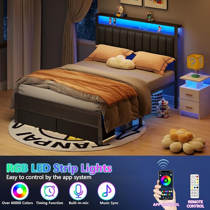 Furnulem Queen Bed Frame with Charging Station and LED Lights, Metal Platform - Image 7