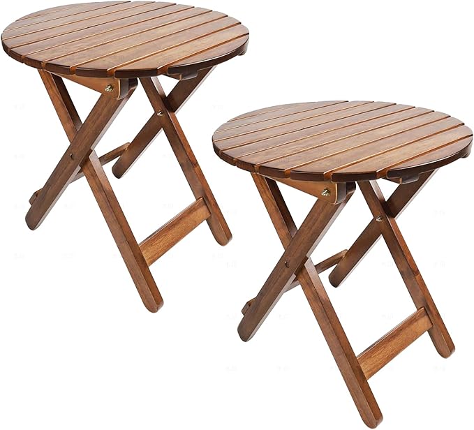 Outdoor Patio Side Table Set of 2 Small Folding Wood Round End Table Coffee by Hngilkoo