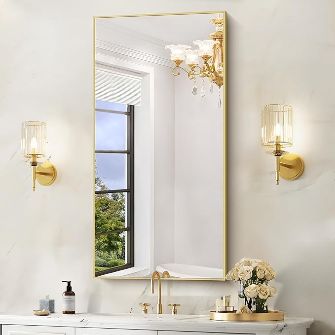 48x24In Gold Bathroom Mirror for Wall, Brushed Gold Rectangle Mirrors by Welcometocofeny