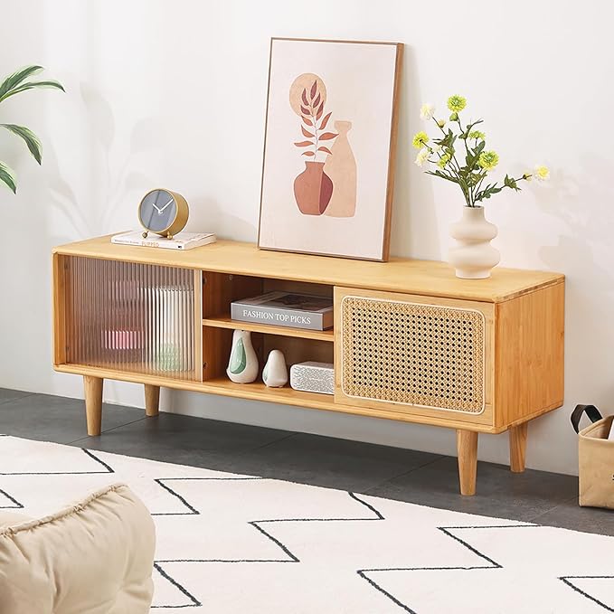 Tiita Rattan TV Stand for 55 Inch TV, Bamboo TV Cabinet - Image 7