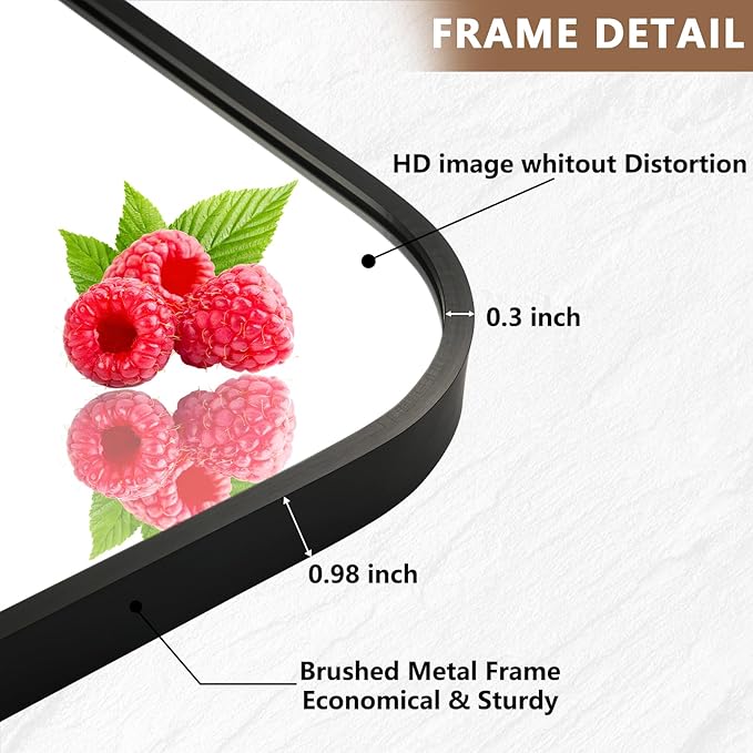 Matte Black Mirror, Metal Frame Rectangle Corner Vanity Mirror, Wall Mounted - Image 3