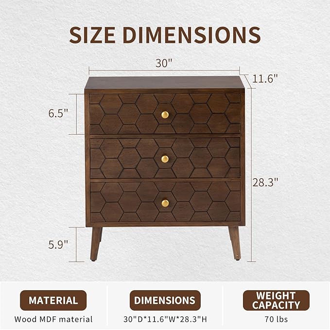 COSIEST Modern End Table w 3 Storage Drawers, Night Stand w Honeycomb Pattern - Image 3