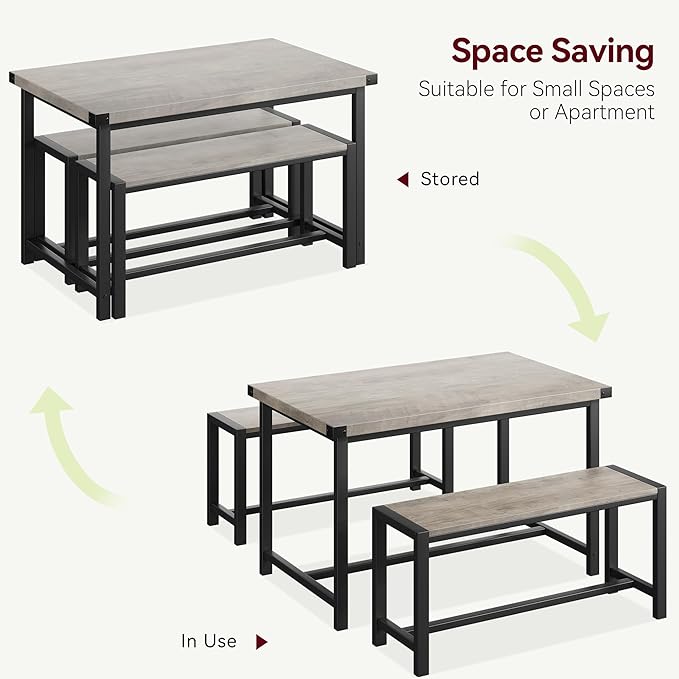 Dining Table Set for 4 with 2 Benches, 3-Piece Kitchen Table Set, Space-Saving - Image 7