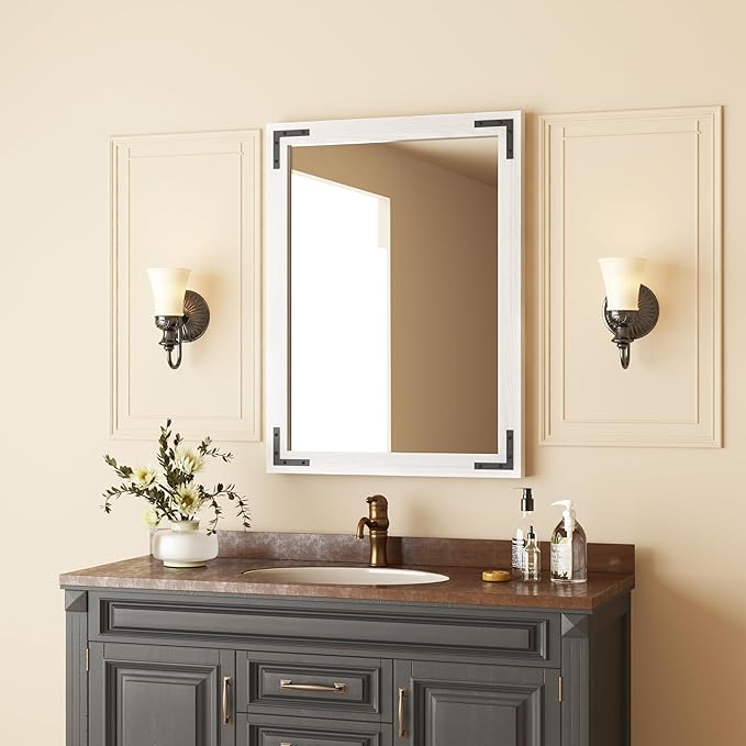 VocalStar White Wood Framed Mirror 24 x 36 Inch, Rustic Natural White Wooden - Image 2