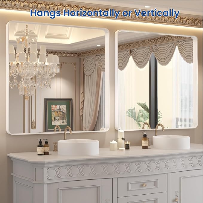 WEER White Bathroom Mirror 36X36 Inch, Rounded Rectangle White Metal Frame - Image 5