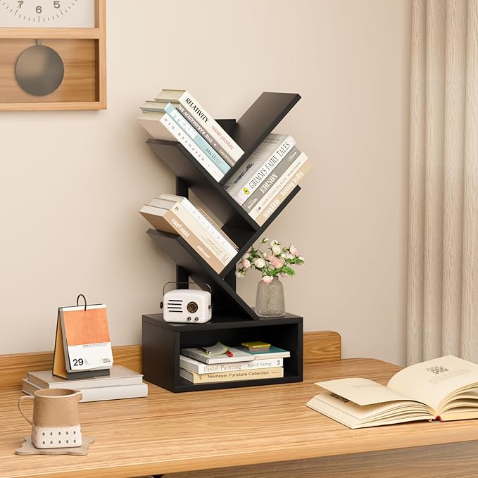 Small Tree Book Shelf, 5 Tier Black Tree Bookshelf, Modern Desk Display Storage - Image 8