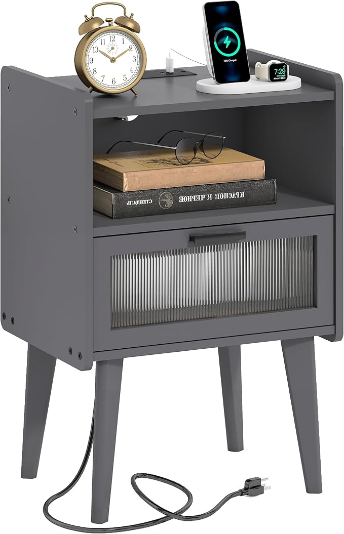 Nightstand with Charging Station, Bedside Tables Grey End Table Side Table with by MMEOLUOOK