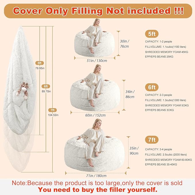 Giant Bean Bag Covers Only, Fluffy Stuffed Beanbag Chair Covers No Filler - Image 2