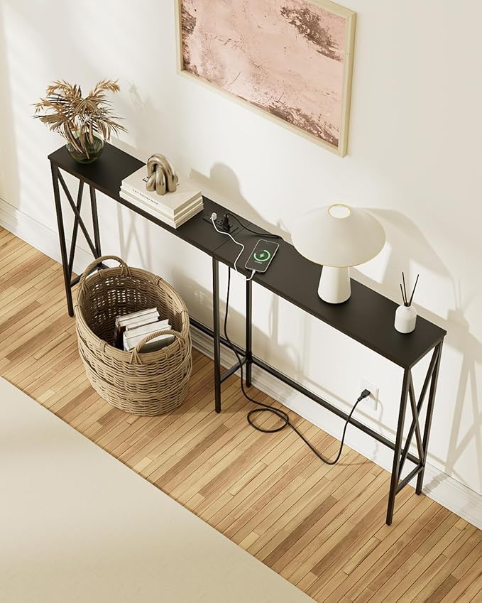 Masupu 63" Console Table with Power Outlet, Modern Narrow Long Sofa Table - Image 9