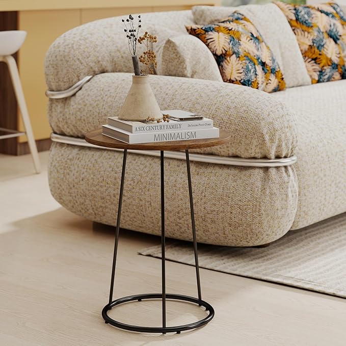 Manora Small Round Side Table, Rustic Brown Wood Accent Table - Image 8