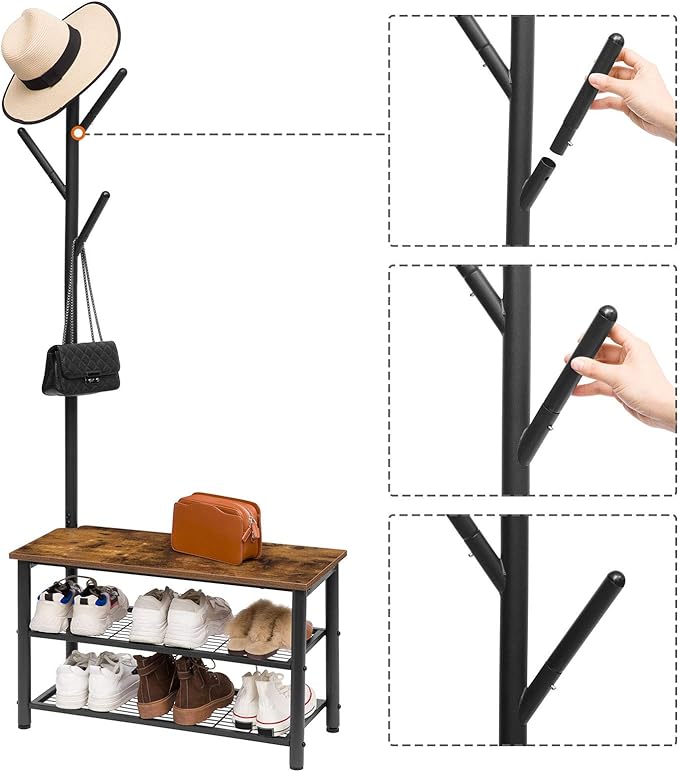 HOOBRO Coat Rack Shoe Bench, 3-Tier Shoe Rack, Industrial Shoe Organizer - Image 6