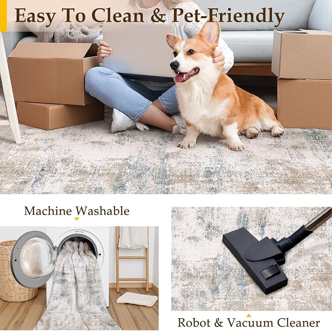9x12 Washable Area Rug Beige Blue Neutral Abstract Living Room Bedroom Large - Image 6