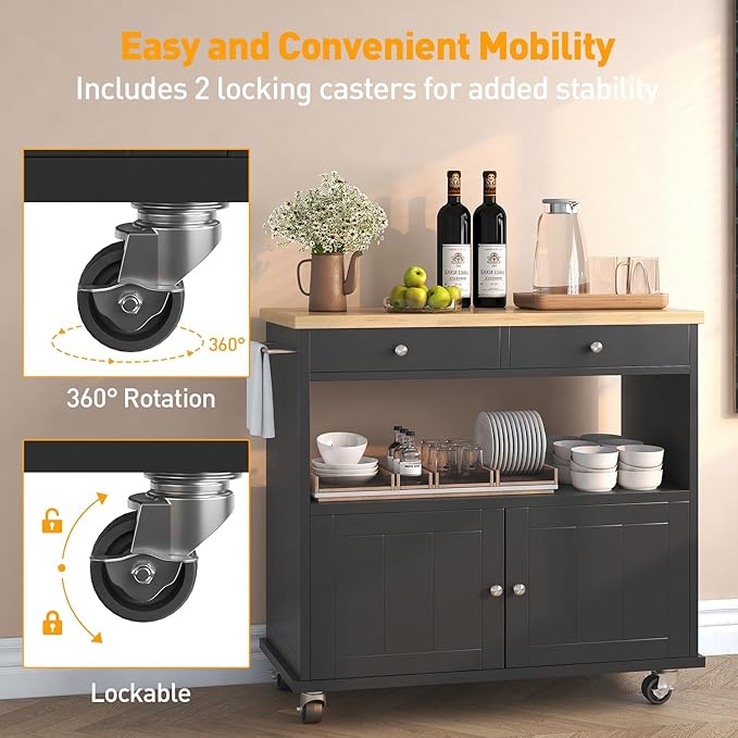Rolling Kitchen Island with Storage Cabinet, 35.4'' Width Kitchen Cart - Image 6