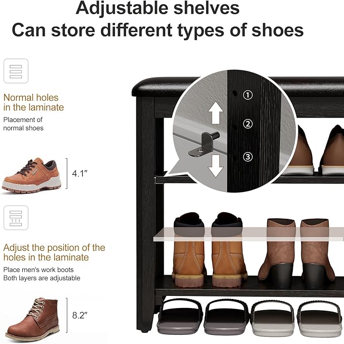 Shoe Bench with Leather Cushion, 3 Tiers Shoe Storage Bench Height Adjustable - Image 3
