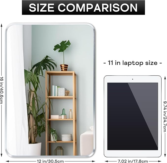 Wall Mount Small Mirror, Brushed Silver Metal Framed Rounded Corner Rectangular - Image 2