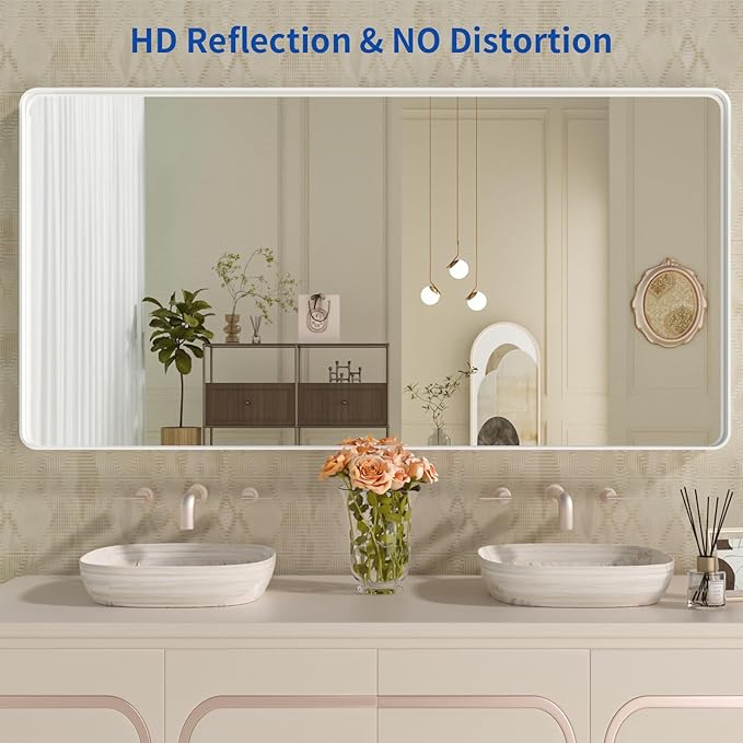 WEER White Bathroom Mirror 60X28 Inch, Rounded Rectangle White Metal Frame - Image 2