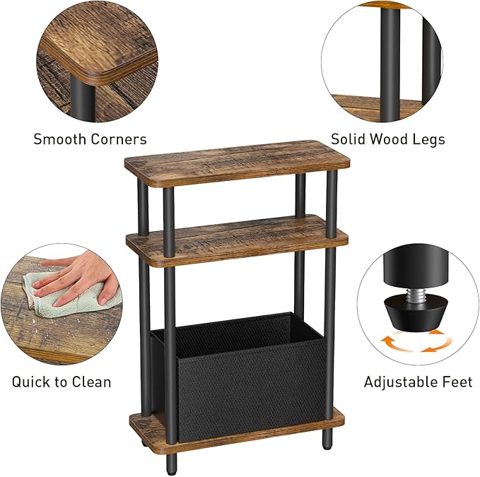 Narrow Side Table with Fabric Basket, 3 Tier Skinny End Table with Wood Legs - Image 6