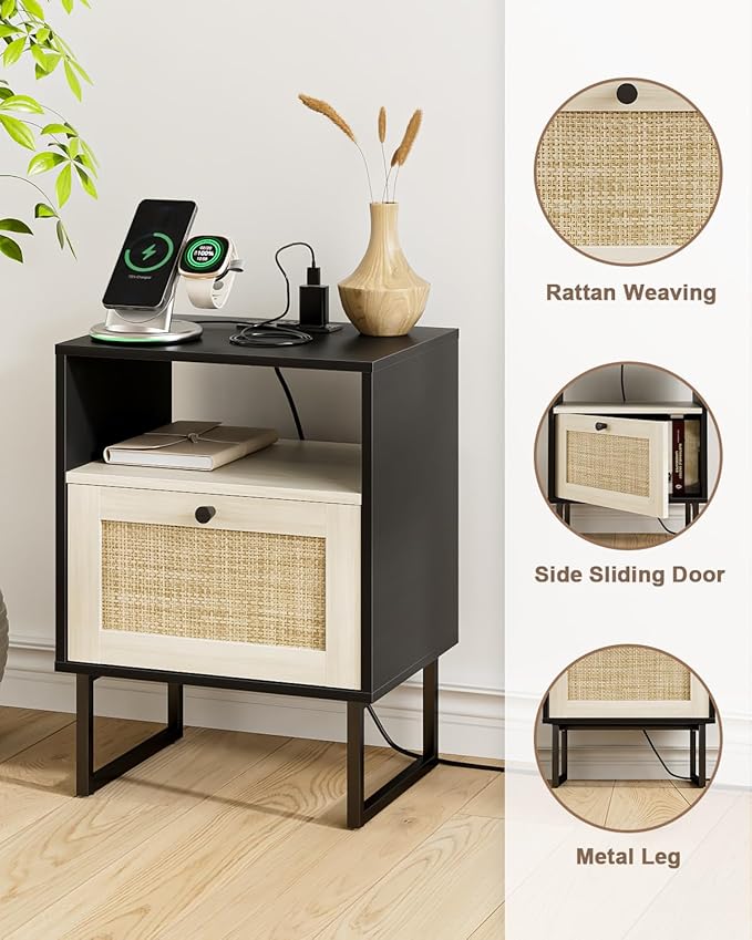 Rattan Nightstand with Charging Station, Boho Night Stand Farmhouse Wood - Image 4