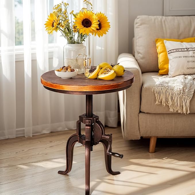 Industrial Iron Adjustable Crank Accent Table, Walnut Wood Top/Copper Home by GWAREZ