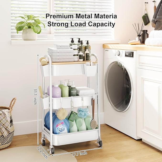 3 Tier Rolling Cart Metal with Wheels and Bamboo Table Top, Art Cart Organizer - Image 4
