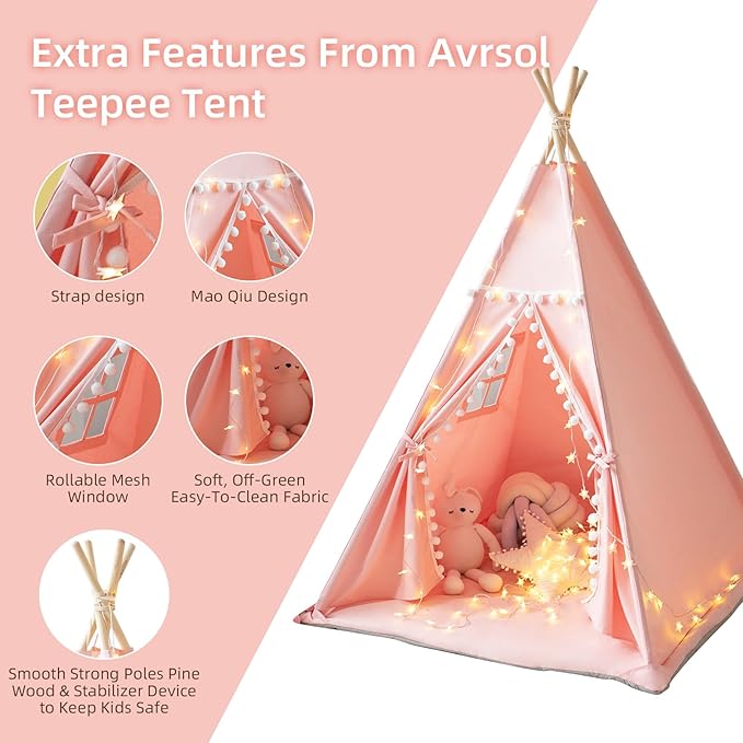Teepee Tent for Kids with Mat, Star Lights, Carry Case, Cotton Canvas Playhouse - Image 2