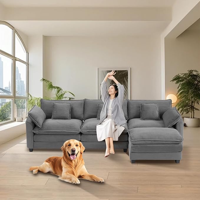 Furniliving 117‘’ L-Shaped Sofa, Luxury Corduroy Modular Sectional Couches - Image 8