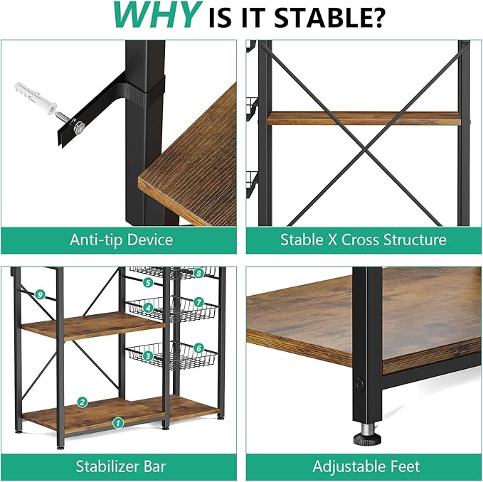 Large Bakers Rack with Power Outlets 38.8 Inches, 15 Hooks Coffee Bar with 3 - Image 9