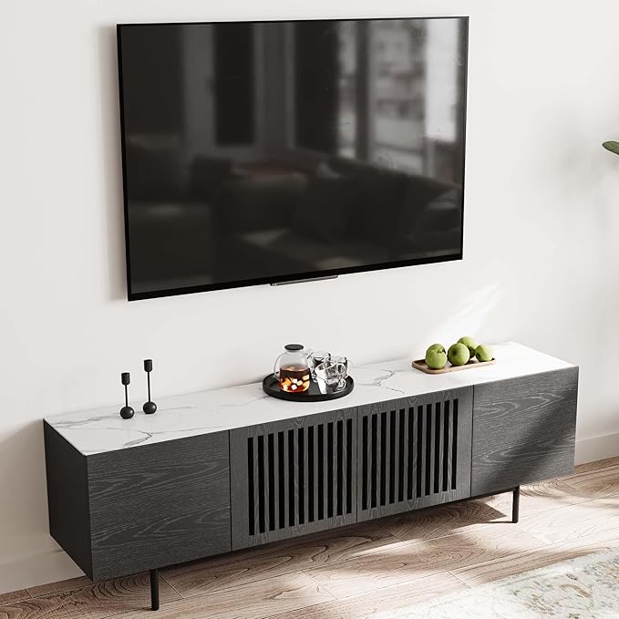 POVISON Mid Century Modern Sintered Stone TV Stand, Slatted Media Console TV by POVISON