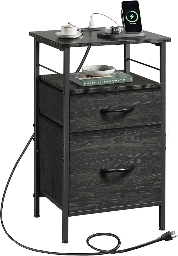 WLIVE Nightstand with Charging Station, Side Table with 2 Fabric Drawers by WLIVE