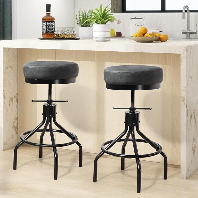 Grey Swivel Bar Stools Set of 2 Adjustable Swivel Round Barstools Modern PU - Image 8