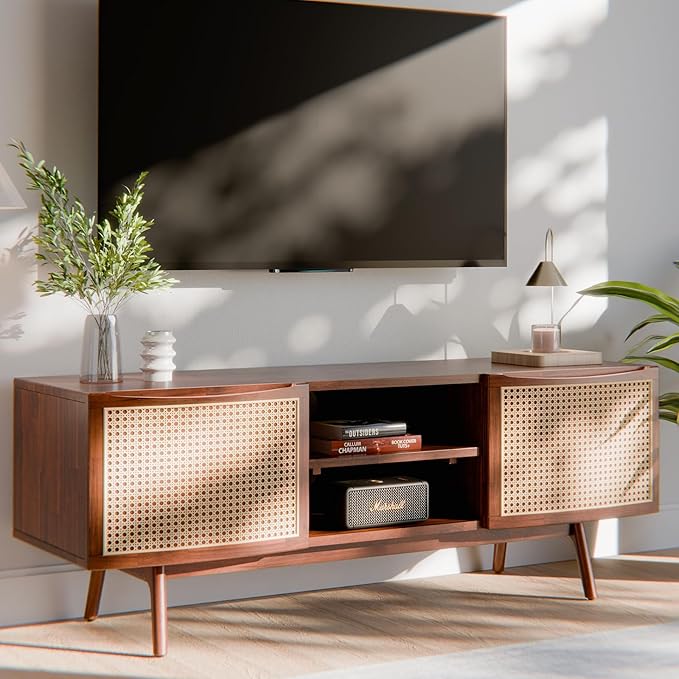 Bme TV Stand with Elegant Curved Shape & Inlaid Rattan, Nancy Solid Wood Tv - Image 3