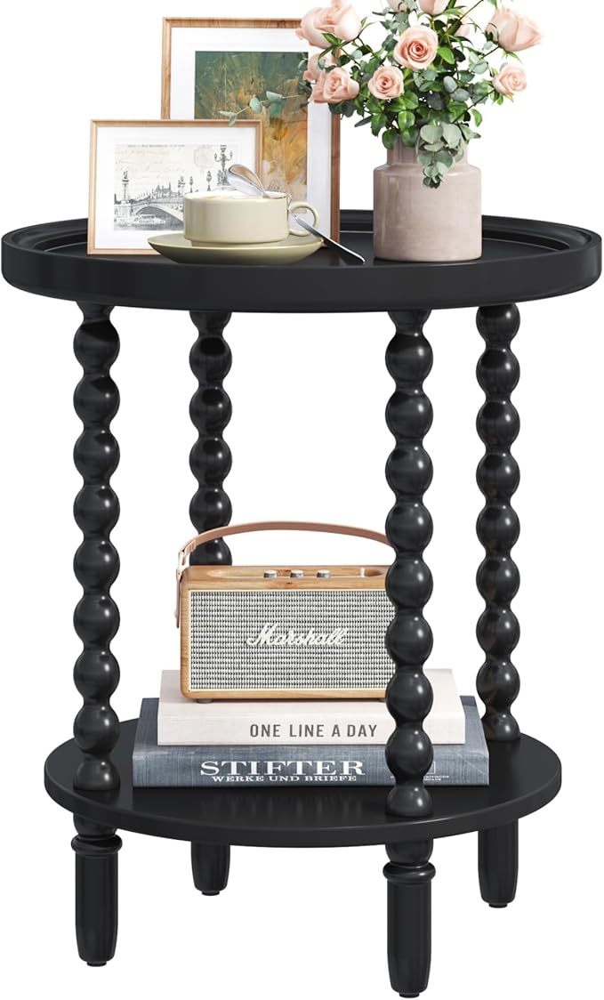 Gadroad Round End Table with Storage Shelf, 2 Tier Couch Side Table, Wood by Gadroad