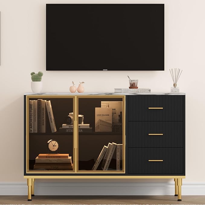Buffet Sideboard Cabinet with Storage, 46.4" Large Fluted Kitchen Sideboard - Image 5