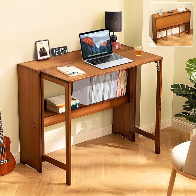 39.37" Bamboo Folding Desk, Space-Saving Computer Desk by Usofhaus