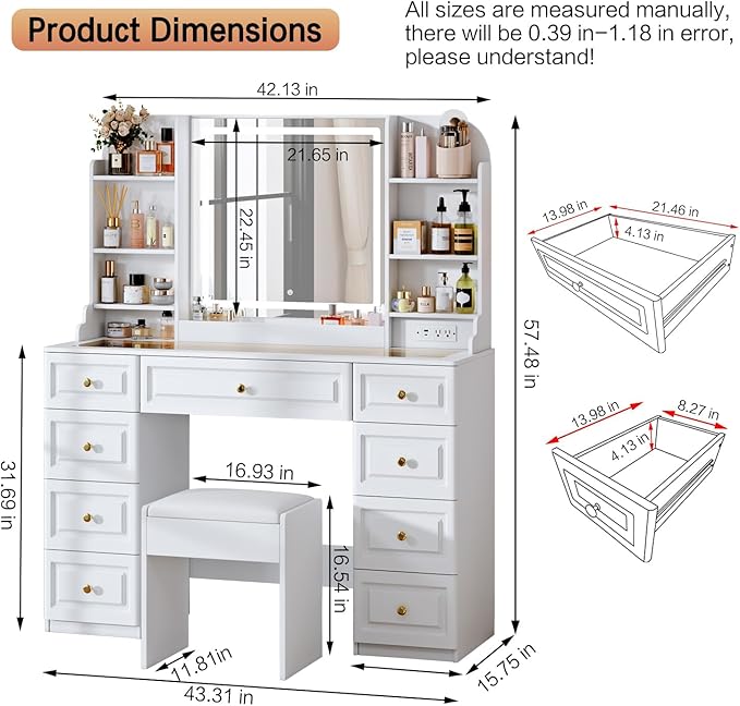 42" Makeup Vanity Desk with Mirror and Lights, & Power Outl, Glass Top Big - Image 3