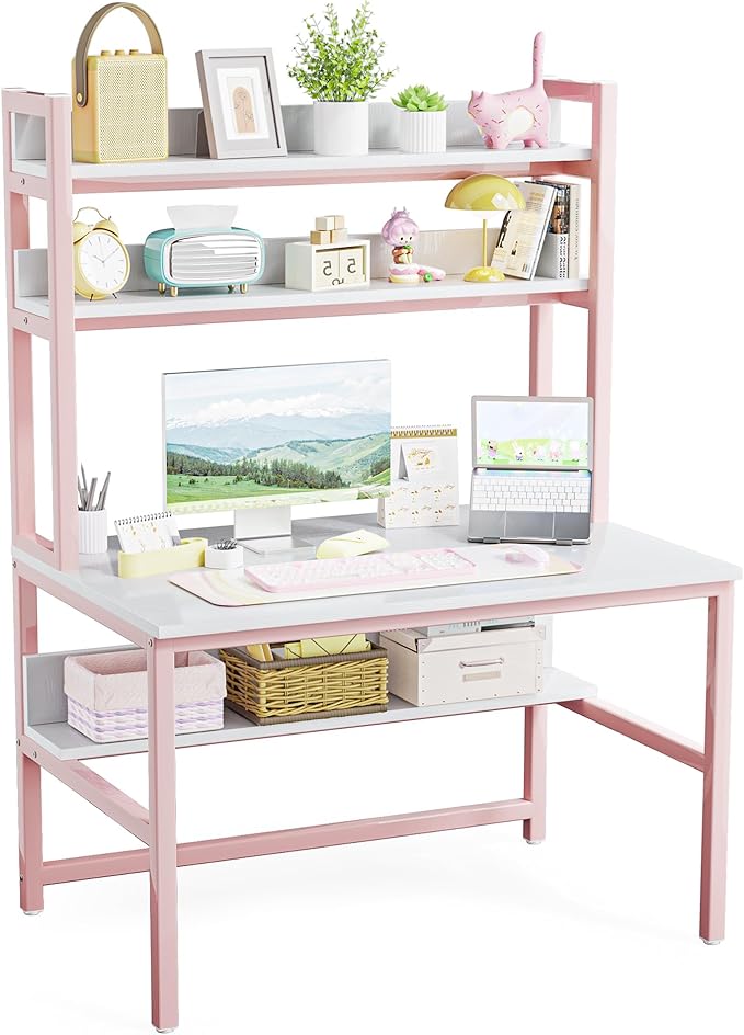 Aquzee Pink Desk with Hutch for Girls, 47in Computer Desk with Bookshelf for by Aquzee