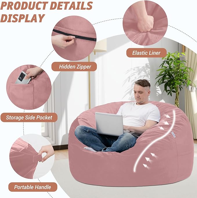 3FT Bean Bag Chair with Ultra Soft Velvet Cover Bean Bag Sofa with Memory Foam - Image 4