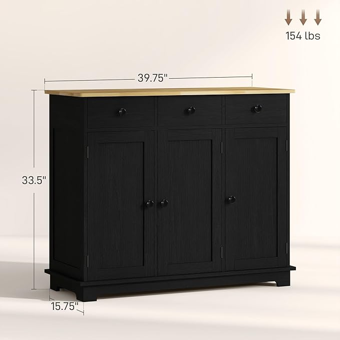 HOMCOM Sideboard with Solid Wood Countertop, Modern Kitchen Storage Cabinet - Image 3