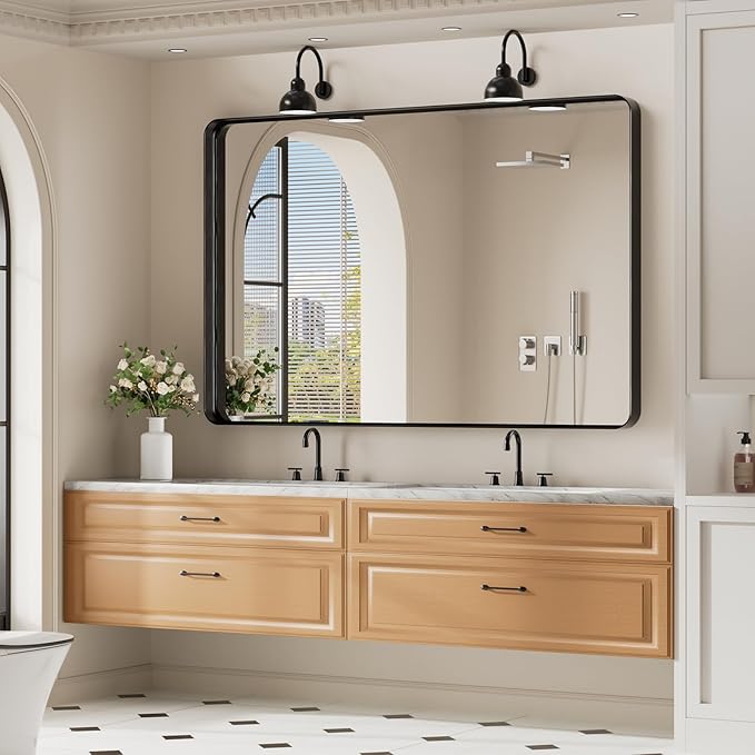 Koonmi Black Wall Mirror for Bathroom, 36x55 Inch Matte Deep Framed Rounded - Image 2