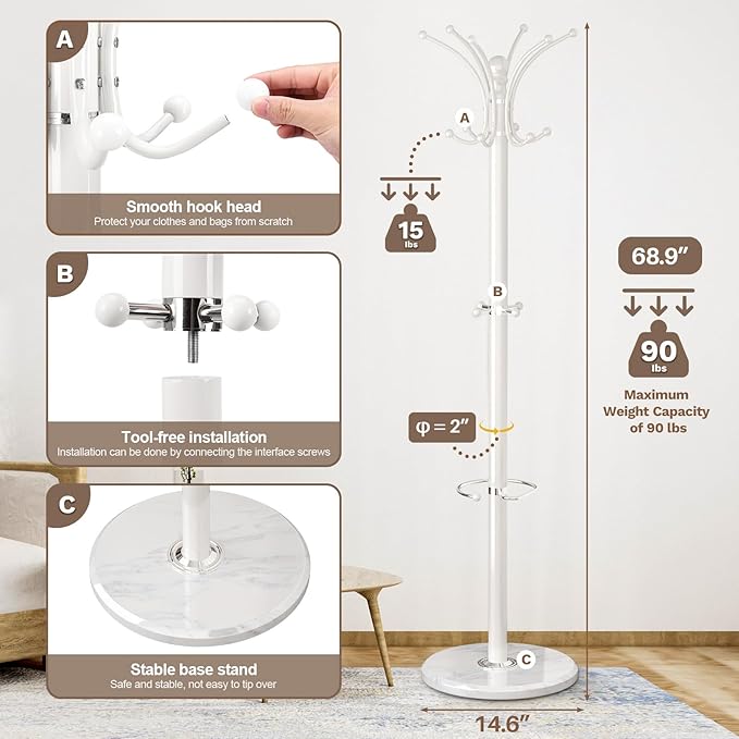 Coat Rack Freestanding with Marble Base, Heavy Duty Clothes Tree with Hooks and - Image 3