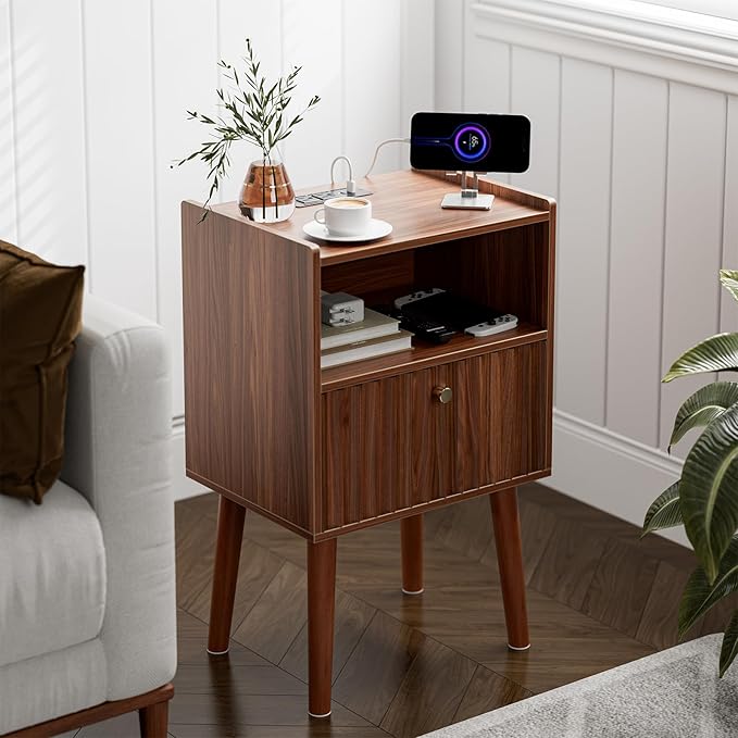 Side Table with Charging Station, Modern End Table with Fluted Drawer, Bedside - Image 2