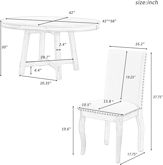 5 Pieces Dining Table Set with 43" Round Extendable Desk, Living Room Furniture - Image 2