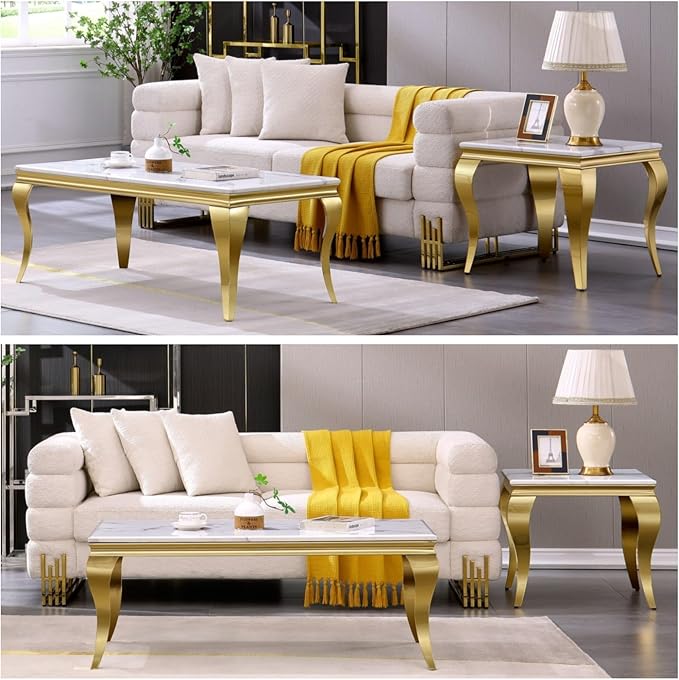 Gold End Table Set of 2, Modern White Living Room Side Table - Image 4