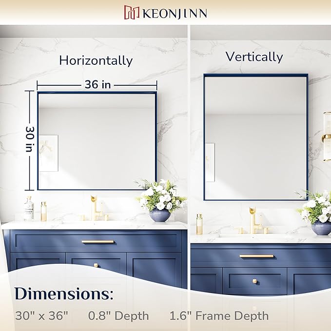 Keonjinn 30 x 36 Inch Blue Bathroom Mirror Metal Frame Navy Blue Wall Mirror - Image 7